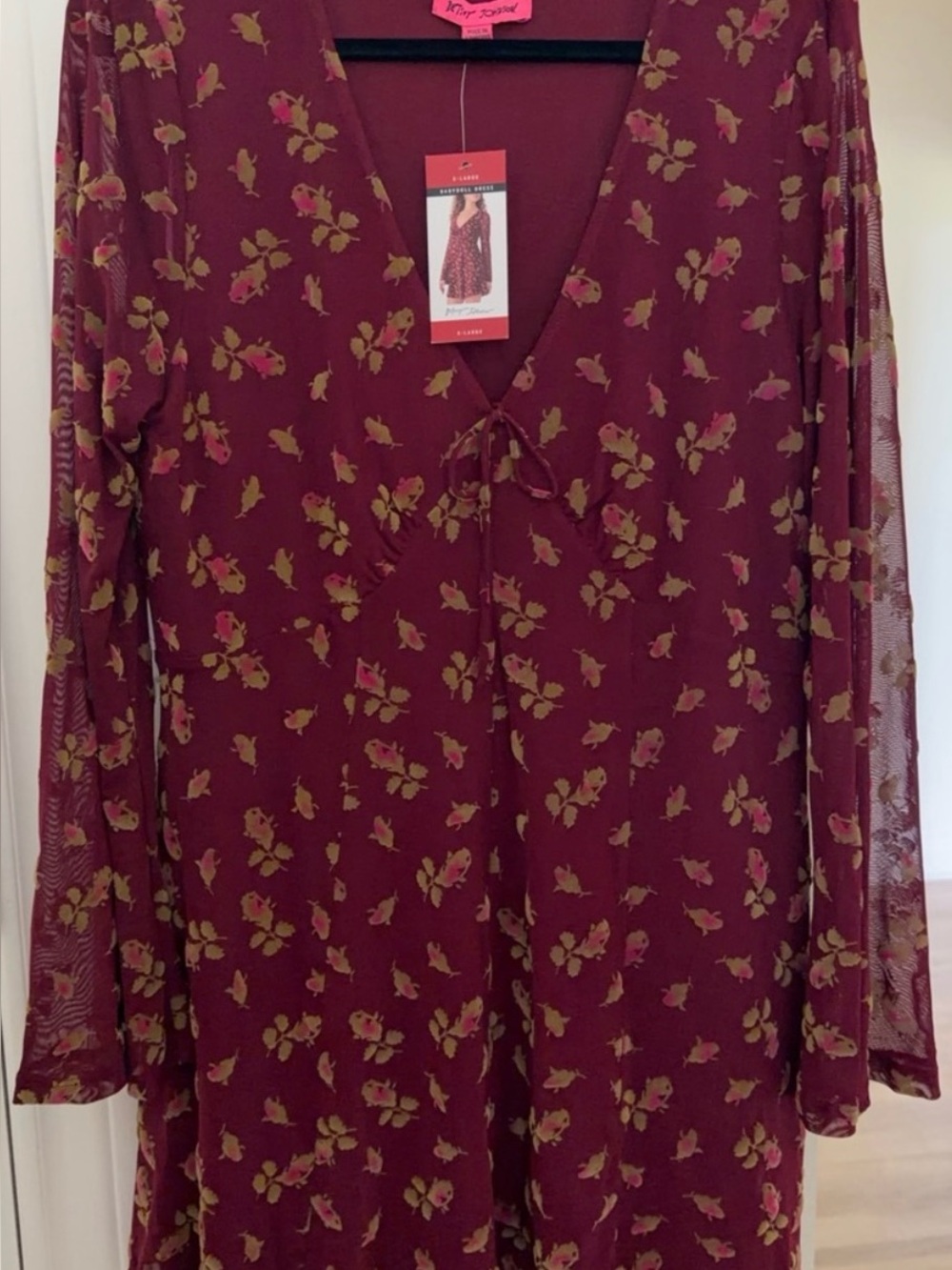 Betsey Johnson Burgundy Dress with Gold Floral Print, Long Sleeve